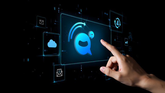 Digital Interaction: A hand interacts with a holographic interface, showcasing a futuristic concept of communication, information exchange, and digital connection against a modern, black background. - Powered by Adobe