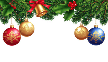 Fototapeta premium Christmas corner decoration with festive ornaments and holiday greenery isolated on white background