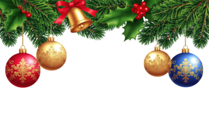 Christmas corner decoration with festive ornaments and holiday greenery isolated on white background