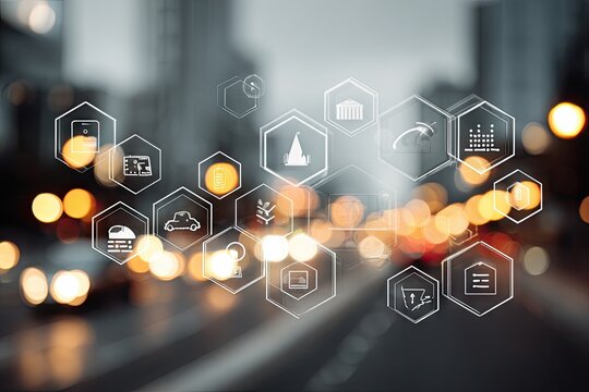 Urban smart city network concept with various icons overlaid on a blurred city street background at night