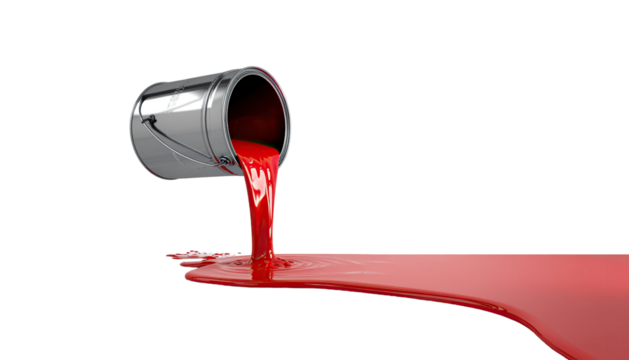 Metallic silver paint bucket pouring red paint isolated on white background