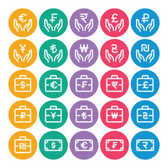 Circle color outline icons set for Currency, finance.