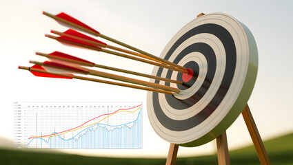 Hitting the Mark: A close-up shot of an archery target with arrows hitting the bullseye, with a chart in the corner, symbolizes the achievement of business and financial goals. 