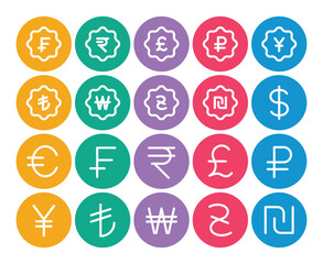 Circle color outline icons set for Currency, finance.