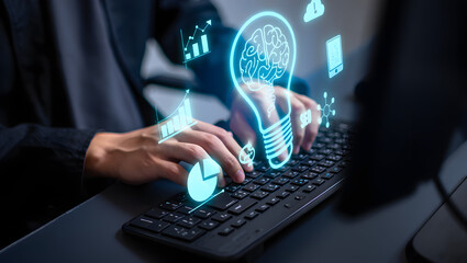 Illuminating Ideas: A close-up view of an individual’s hands gracefully navigating a keyboard, surrounded by glowing, digital representations of innovation. Evoking the essence of knowledge.