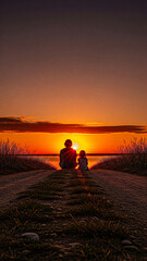 Fototapeta premium Silent Sunset Embrace: Silhouetted against a blazing sunset, a couple finds solace, their figures a testament to the quiet strength of togetherness.