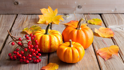 Autumn's Embrace: Vibrant pumpkins and fall foliage in an autumn display. Vivid colours and textures, evoking the season's warmth and rustic beauty.