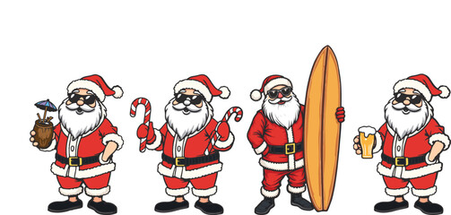 Four cool santas with sunglasses, surfboard, candy canes, and drinks, Best christmas vector