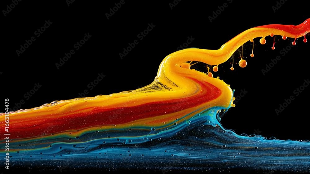 Poster Bright and Bold Paint Flow Creates Mesmerizing Patterns on Black Background in Studio Set Up