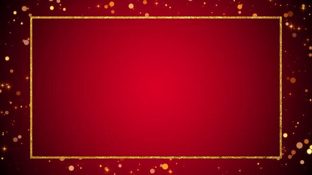 abstract gold border frame with golden glitter shiny stars and bokeh lights animation ,red luxury holiday christmas and new year social media motion background	
