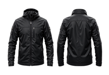 black leather jacket front and back set isolated on transparent or white background, png	