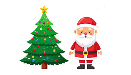 Illustration of cheerful Santa Claus standing next to decorated Christmas tree with gifts isolated on white background
