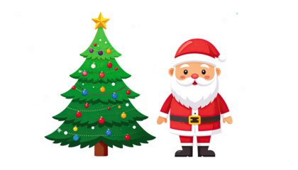 Illustration of cheerful Santa Claus standing next to decorated Christmas tree with gifts isolated on white background
