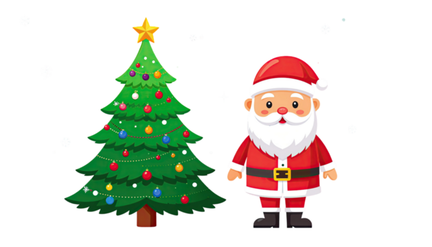 Illustration of cheerful Santa Claus standing next to decorated Christmas tree with gifts isolated on white background
