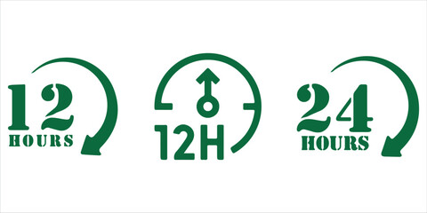 12 hours service icon vector set. 12 hours service duration sign. Vector Set of Hour Labels. 12 hours clock arrow icons, work and delivery time symbols. 12hr support sign collection.