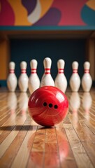 A Red Bowling Ball Rolling Towards a Set of White Pins on a Gleaming Wooden Lane Surrounded by Colorful Abstract Background Art