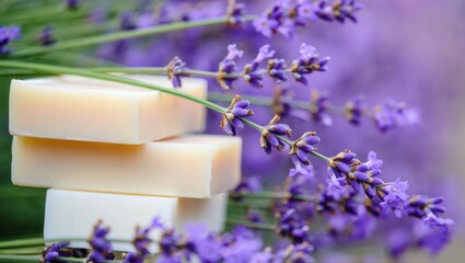Delicate Lavender Flowers Surrounding Natural Handmade Soap Bars, Creating a Calming and Aromatic Experience Inspired by Nature's Beauty