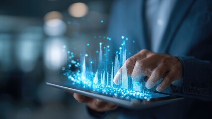 Fototapeta premium Businessman analyzing digital data charts on tablet, futuristic business technology concept