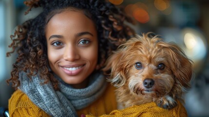 Happy mixed race woman cuddling dog at computer desk. Black female digital nomad hugging pet dog at home by computer. Bring your pet to work day