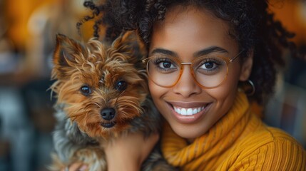Happy mixed race woman cuddling dog at computer desk. Black female digital nomad hugging pet dog at home by computer. Bring your pet to work day
