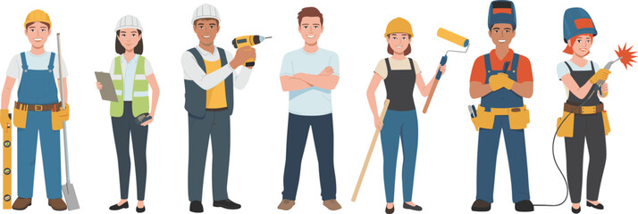 Diverse cartoon construction workers with tools and safety gear, male and female tradespeople in uniform, builder, engineer, painter, welder. © CreativeArtist