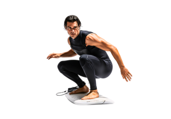 Coastal Carver: A physically fit individual, donned in athletic attire, confidently rides a hydrofoil, showcasing their prowess in watersports against a vibrant, dynamic backdrop. 