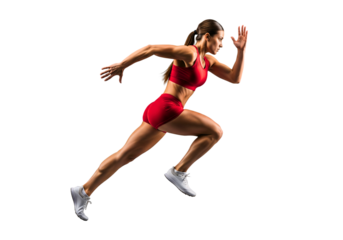 Dynamic Sprint: A female athlete in vibrant red athletic apparel bursts into action, captured mid-stride in a powerful display of athleticism and determination, symbolizing strength, speed.