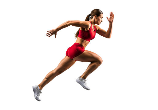 Dynamic Sprint: A female athlete in vibrant red athletic apparel bursts into action, captured mid-stride in a powerful display of athleticism and determination, symbolizing strength, speed.