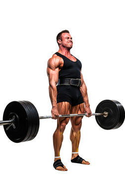 Strength Defined: An athlete, muscles flexed in peak performance, deadlifts a barbell loaded with heavy plates, highlighting the power of human exertion and the pursuit of physical excellence.