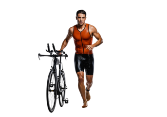 Triathlete transitioning: A dedicated triathlete strides with determination, bicycle at their side, symbolizing the start of the run section. Showcasing resilience.