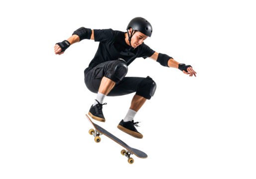 Skateboarder in Action: Capturing a moment of daring athleticism, the image showcases a skilled skateboarder mid-air, executing a dynamic trick with grace and precision. 