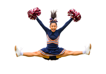 Dynamic Cheer: A cheerleader leaps mid-air in a stunning split, pom-poms raised high, capturing the essence of energy, athleticism, and team spirit.