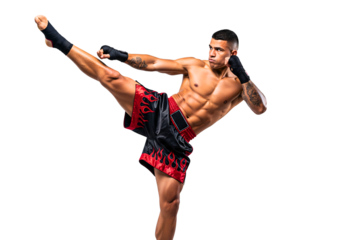 Action Kickboxing Demonstration: A muscular athlete delivers a powerful kick in dynamic, high-action pose, showcasing strength, agility, and the intensity of the combat sport.