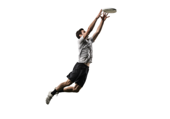 Soaring Catch: A dynamic young athlete launches into a gravity-defying leap, arm outstretched to intercept a flying disc, showcasing skill and athleticism.