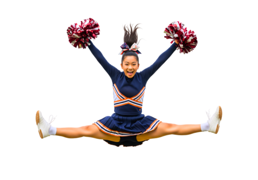 Dynamic Cheer: A cheerleader leaps mid-air in a stunning split, pom-poms raised high, capturing the essence of energy, athleticism, and team spirit.