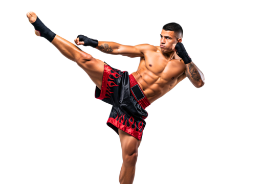 Action Kickboxing Demonstration: A muscular athlete delivers a powerful kick in dynamic, high-action pose, showcasing strength, agility, and the intensity of the combat sport.