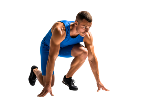 Athlete at the Starting Line: A determined athlete, poised and ready at the starting line, epitomizes speed and power, embodying the essence of competition and athleticism.