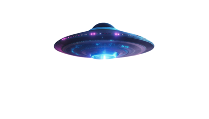 Glowing UFO spaceship with neon blue and purple lights isolated on white background