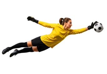Goalkeeper's Leap: A focused goalkeeper makes a dynamic leap, poised to intercept the ball mid-air. Capturing the essence of athleticism and determination.