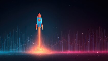 Rocket launching amidst vibrant data visualizations, symbolizing growth and innovation