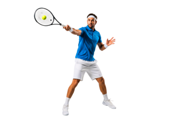 Dynamic Serve: Capturing the essence of sport, a tennis player embodies power and agility, poised mid-serve with a focused gaze fixed on the yellow ball, epitomizing dedication to competition.