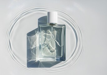 Minimalist top-down view of a clear perfume bottle in water, creating concentric ripples with hard caustic light and shadow.