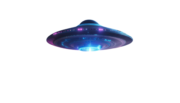 Glowing UFO spaceship with neon blue and purple lights isolated on white background - Powered by Adobe