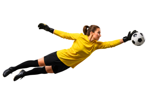 Goalkeeper's Leap: A focused goalkeeper makes a dynamic leap, poised to intercept the ball mid-air. Capturing the essence of athleticism and determination.