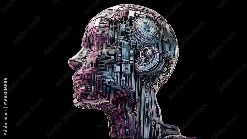 Poster exploring the intersection of technology and art with a robotic sculpture featuring intricate circui