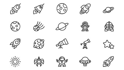 Collection of space exploration themed icons in outline style format