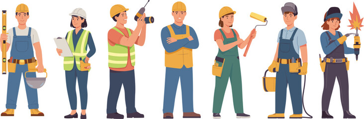 Eight construction workers in safety gear holding tools, diverse team of builders and contractors, construction site teamwork and labor concept.