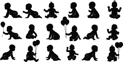 Baby silhouette set, crawling, sitting, playing, holding balloon, infant activity poses, child development concept, parenting design, childhood growth vector illustration