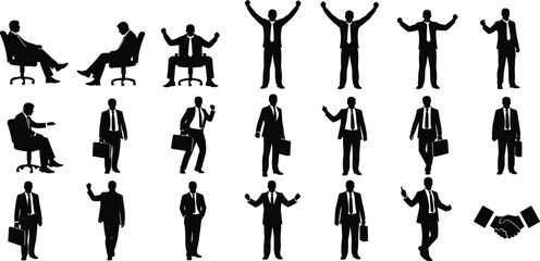 Business people silhouette set, office teamwork poses, handshake, presentation, walking with briefcase, professional meeting gestures, corporate communication vector design