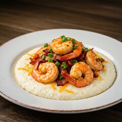 Hearty plate of American Shrimp and Grits with plump, seasoned shrimp sautéed with bacon and bell peppers, served over creamy, cheesy grits, garnished with green onions, on a white rustic plate, 
